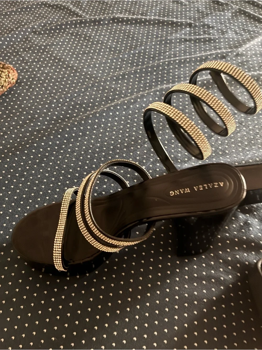 Azazie Black Platform Spiral Sandals with Crystal-Strap Wraps
